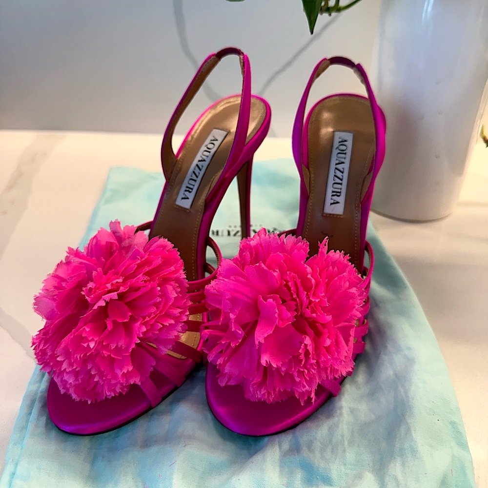 AUTHENTIC — Aquazzura Pink Carnation Satin Sandals (37)